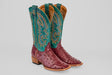 The Rusty - Wine - Square Toe boots feature burgundy wine ostrich feet, a teal shaft with multicolored stitching, light brown soles, and a square toe, showcased against a plain gray background.