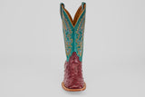 The Rusty - Wine - Square Toe cowboy boot features a wine-hued ostrich leather foot and a tall teal shaft with detailed yellow and white stitching, displayed facing forward on a plain light background.