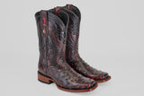 A pair of Exotic Ostrich - Black Cherry boots featuring rodeo toes, detailed shaft stitching, and a textured ostrich leather pattern. These boots combine striking black cherry color with sturdy construction.