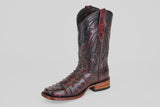 The Exotic Ostrich - Black Cherry - Rodeo Toe boot features decorative stitching, textured ostrich leather in black cherry, and a wooden heel, showcased against a plain light gray background.
