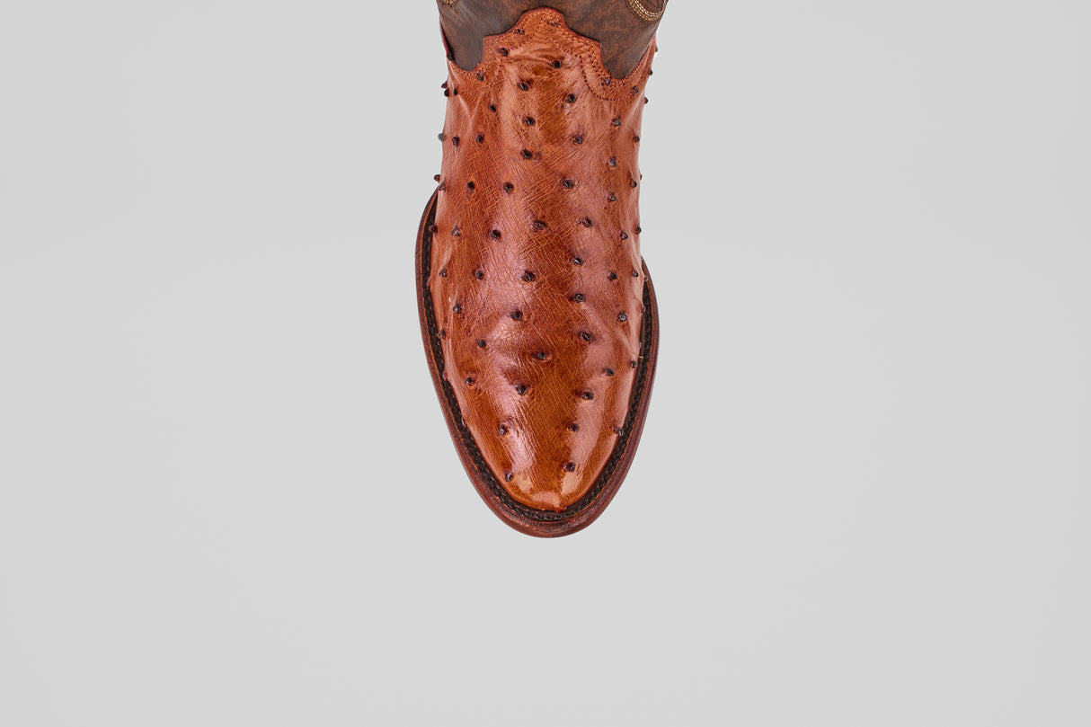 A top-down view of the Exotic Full Quilt Ostrich - Brandy - Round Toe boot, handcrafted from full quilt ostrich leather with textured bumps and detailed stitching, set against a plain light gray background.