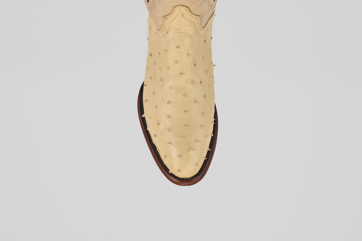 A top-down view of the Exotic Full Quilt Ostrich - Bone - Round Toe cowboy boot’s toe, featuring beige genuine ostrich leather and a brown sole, showcases its luxurious texture and craftsmanship against a white background.