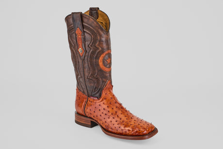 The Austin - Brandy - Square Toe cowboy boot features a brown leather upper, orange ostrich leather foot, decorative stitching, and a side pull strap, displayed on a light plain background.