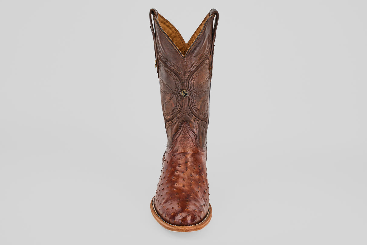 The Austin - Tabaco - Roper Toe is a men's cowboy boot made of textured ostrich leather, shown upright with a classic roper toe on a plain white background.