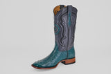 The Austin - Gasoline Green - Square Toe is a men's western boot with a teal ostrich leather foot, dark gray shaft with decorative stitching and star design, wooden heel, and pull straps.