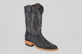 The Austin Leg - Black - Roper Toe boot features decorative stitching, a pointed toe, wooden heel, and pull straps, displayed against a plain light gray background.