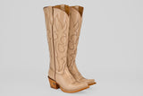 The Allison Cream Tall Shaft cowboy boots for women feature tan leather, decorative stitching, snip toes, and angled wooden heels, showcased on a plain white background.