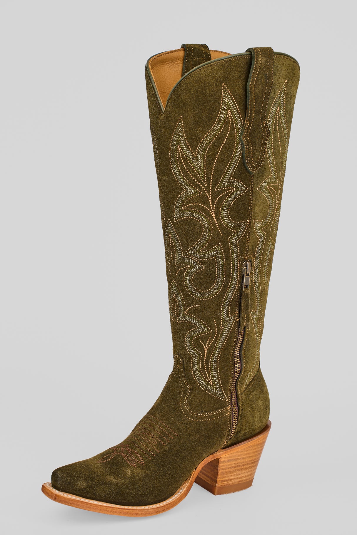 The Allison Agave - Tall Shaft - Snip Toe is a single olive green women’s cowboy boot with decorative stitching, a tall shaft, pointed toe, side zipper, and wooden angled heel, displayed on a plain light background.