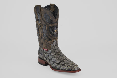 The Conor - Charcoal - Roper Toe cowboy boot for men features a textured dark gray fish leather pattern, brown shaft with intricate stitching, roper toe, and wooden heel, shown on a plain light gray background.