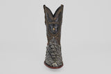 The Conor - Charcoal - Roper Toe is a single ornate cowboy boot made from textured fish leather, featuring a roper toe and bold red sole, displayed upright on a plain light gray background.