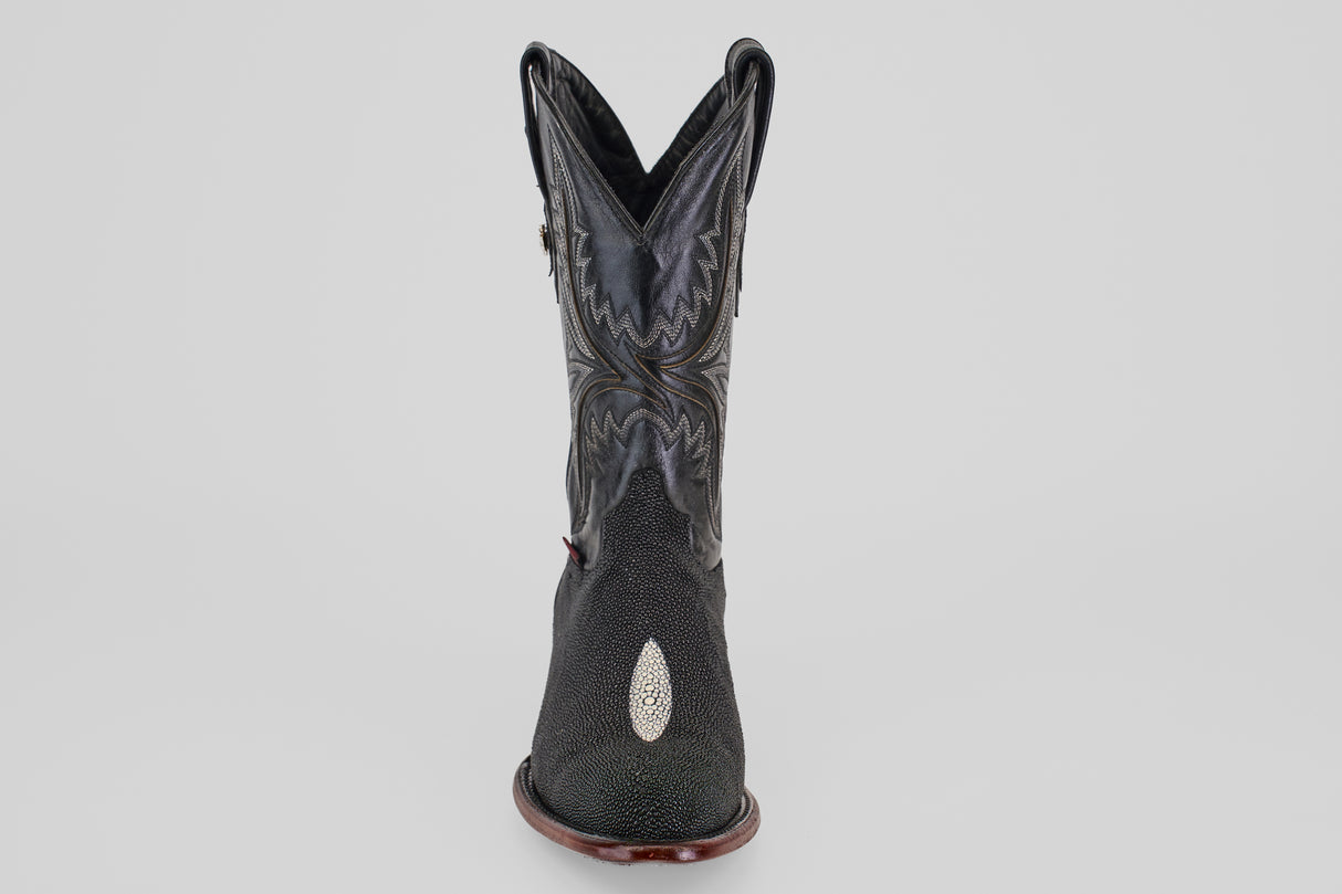 The Ranger – Black – Round Toe boot features decorative stitching and a textured stingray leather pattern on the front, shown from the front against a plain, light gray background.