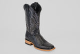 The Python Black - Embossed Leather - Square Toe (E425) boots feature a classic black design with silver details and embossed leather, offering a timeless silhouette perfect for any occasion.