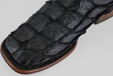 Close-up of Conor Platinum - Matte Black - Square Toe (Diamond): a black, square-toed boot crafted from textured pirarucu leather with visible stitching and a brown sole—ideal for those who love distinctive square toe boots.