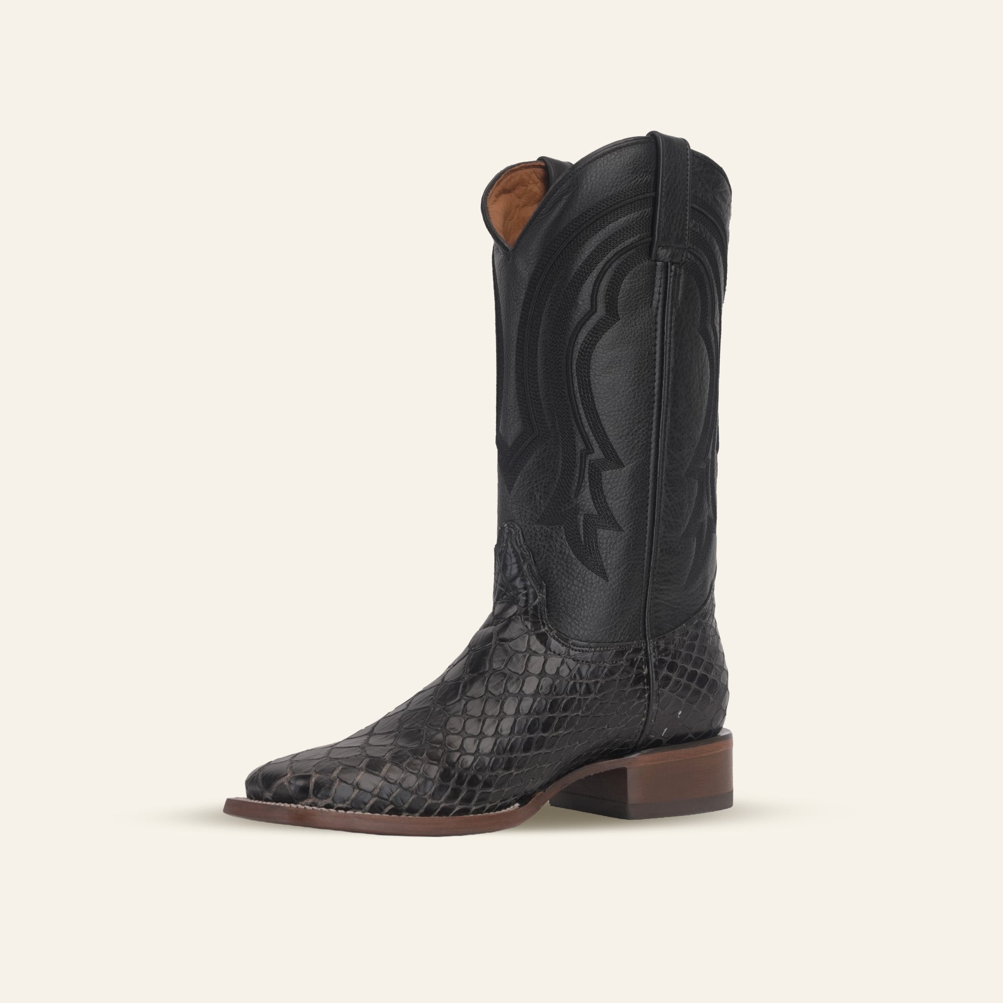 Snake Cowboy Boots- Black Embossed Leather - Square Toe (E947)