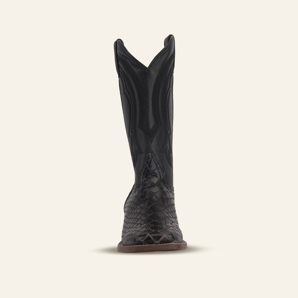 Snake Cowboy Boots- Black Embossed Leather - Square Toe (E947)
