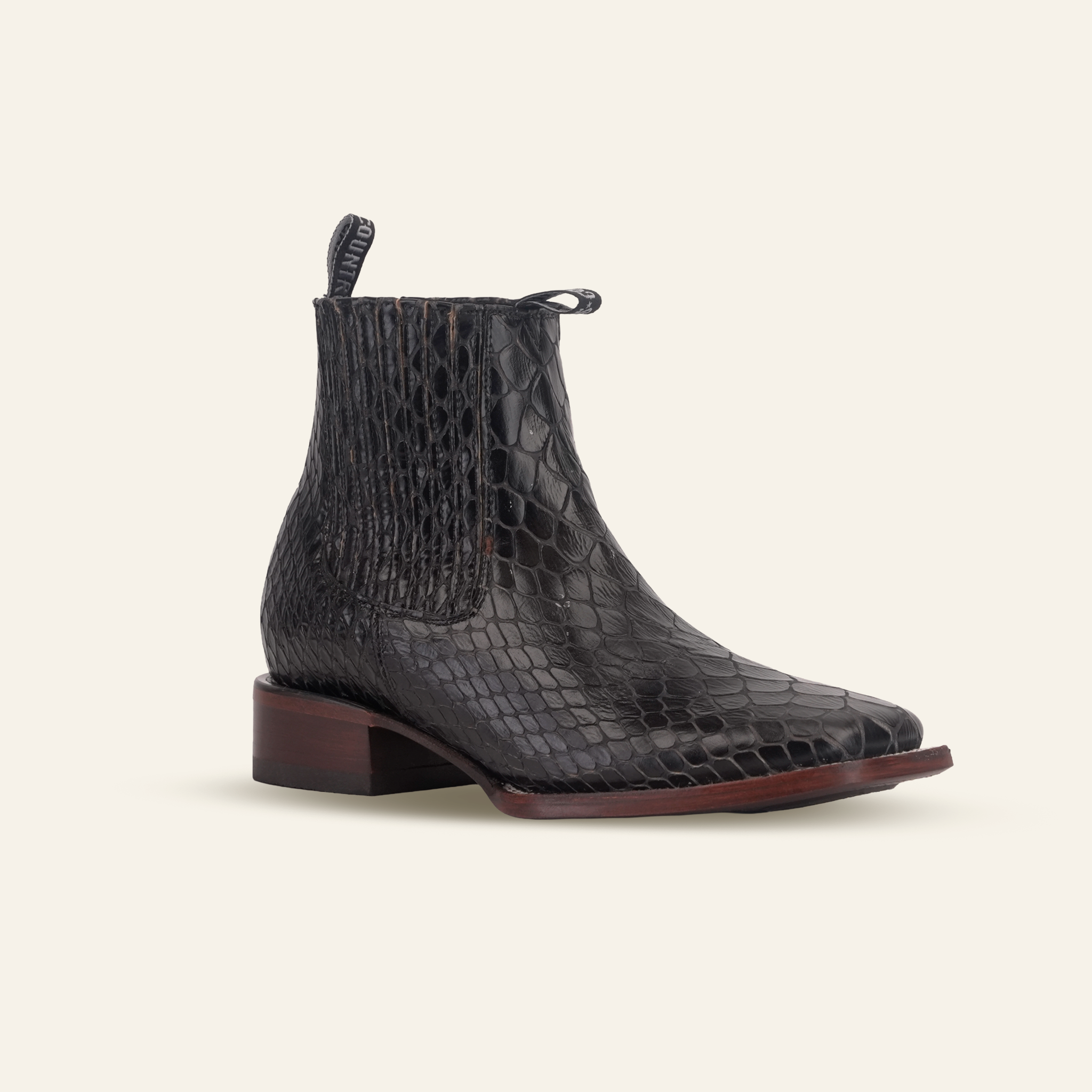 Snake Ankle Boots - Black Embossed Leather - Square Toe (E955)