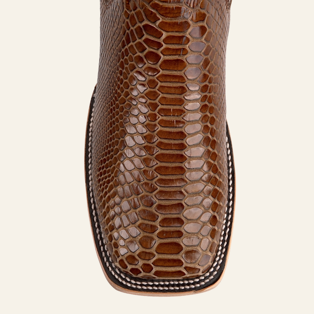 Snake Ankle Boots - Brown Embossed Leather - Square Toe (E946)