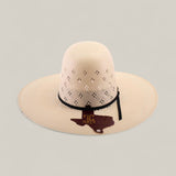 The 30X Clover - Open Crown is a wide-brimmed, light-colored straw hat with decorative cutouts, a black chin cord, and a Texas-shaped brown patch with yellow TC HATS text on the front. Displayed against a plain beige background.