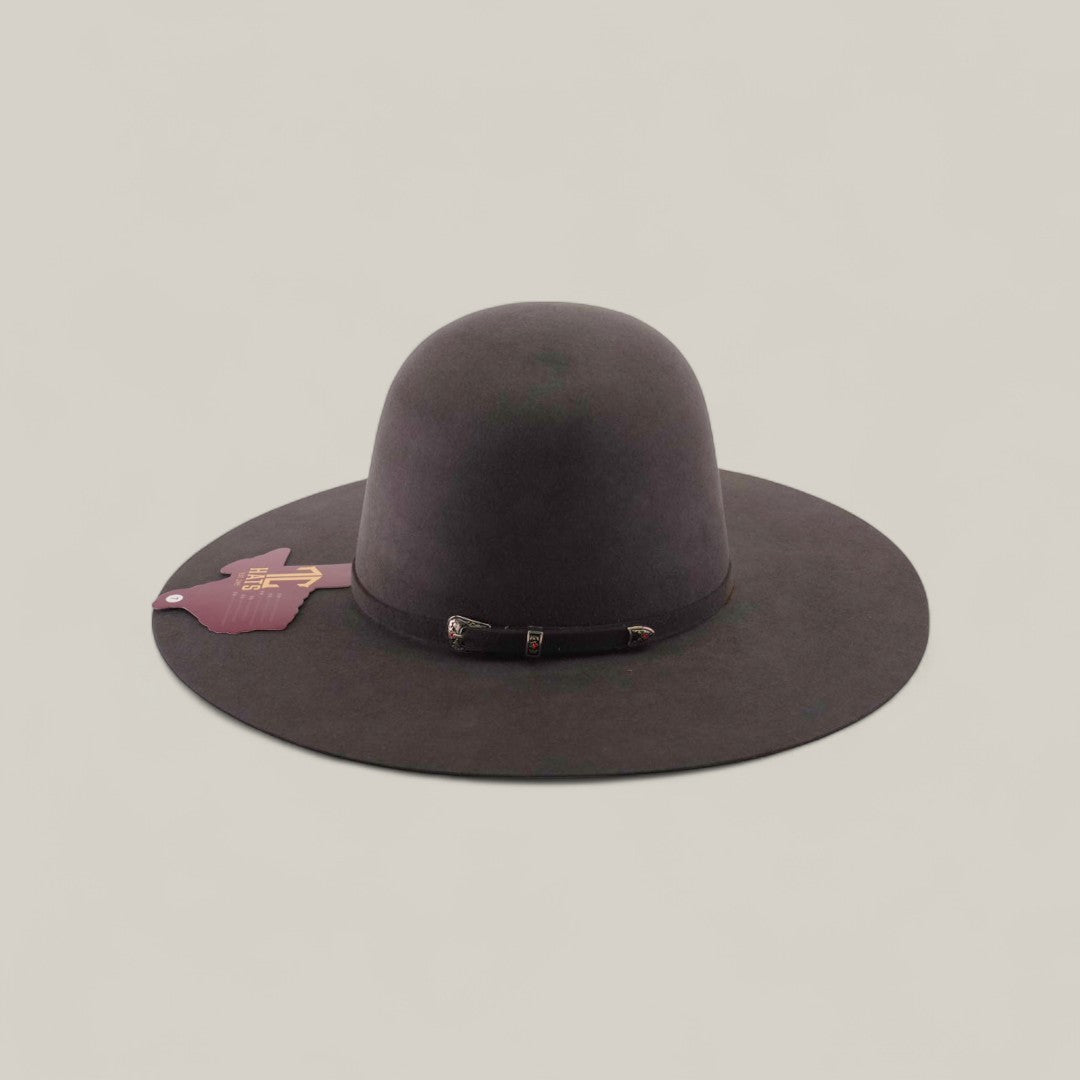 The 10X - Oxford - TC Hats is a dark brown felt Western hat with a wide brim, simple band, pink tag, and shapeable crown, shown against a plain light background.