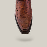 Close-up of the Arauco Chocolate Ostrich Laser & Woven shoe (CU597) with a narrow square toe and distinctive quill bumps, set against a neutral gray background.