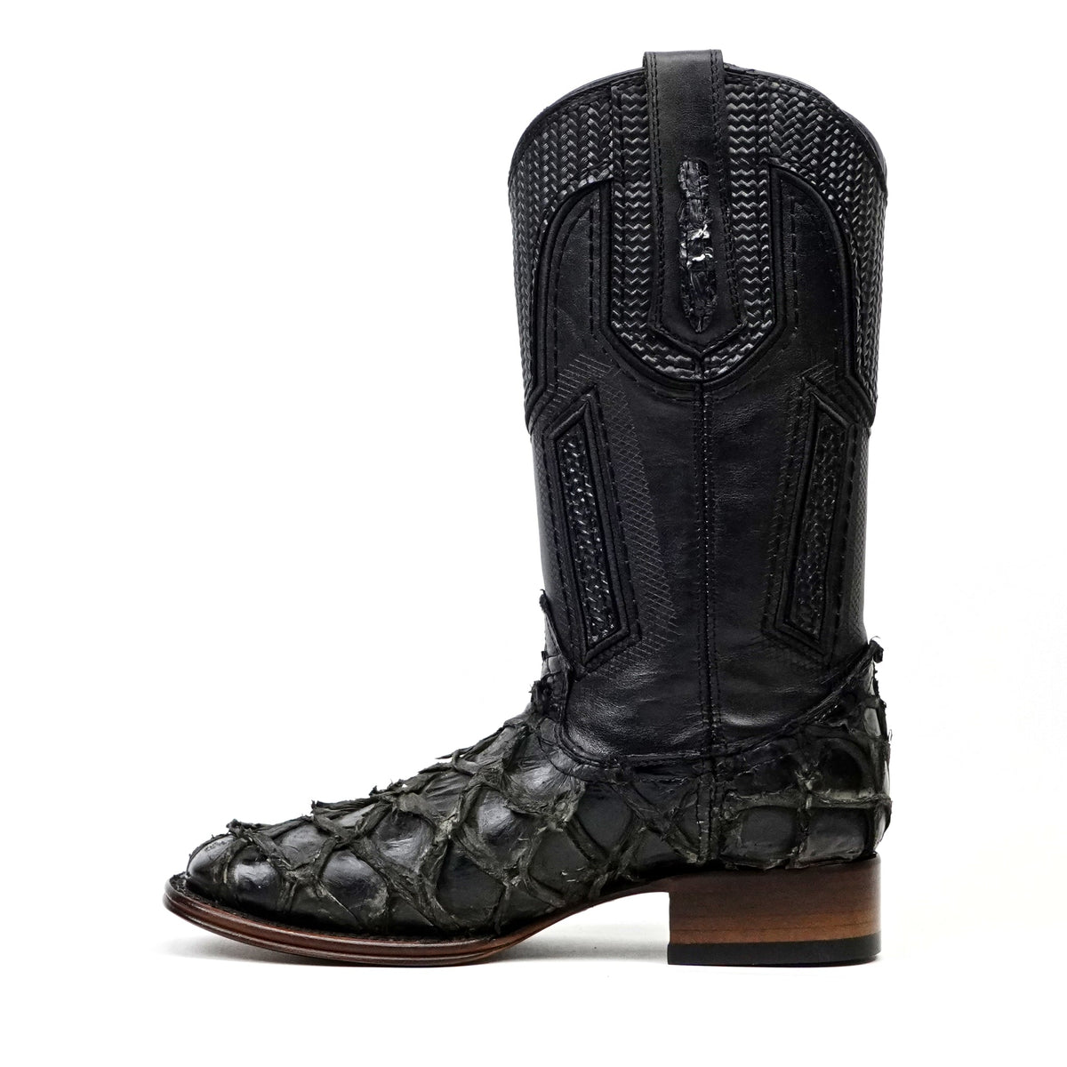 Connor Platinum Pirarucu Fish Boots - Sapphire Black - Square Toe - Gomez Western Wear