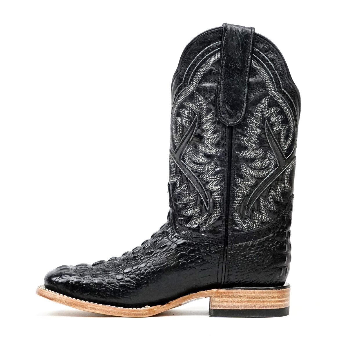 Crocodile Black Boots (Youth) - Embossed Leather - Square Toe (E427) - Gomez Western Wear