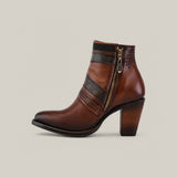 Introducing the Honey Laser & Woven - Round Toe - CU619: elegant brown leather ankle boots with decorative patterns, a side zipper, and a sturdy block heel. Textured and smooth leather sections feature a dark band and intricate perforations near the ankle for added flair.