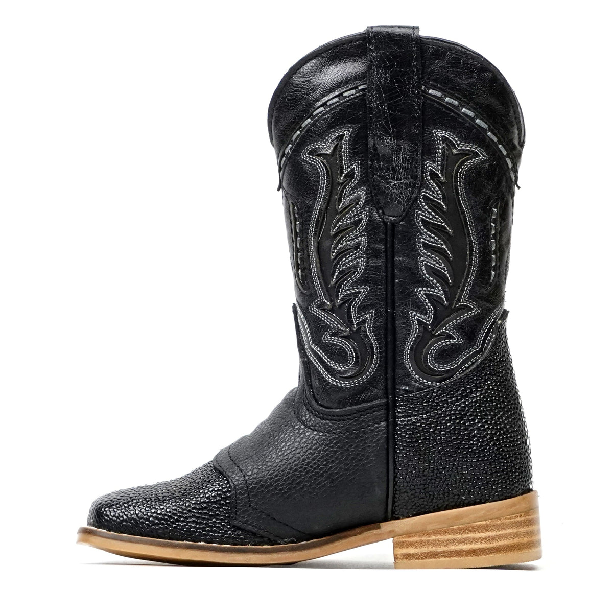 Kids Black Female Stingray Boots - Embossed Leather - Square Toe (K19-1) - Gomez Western Wear