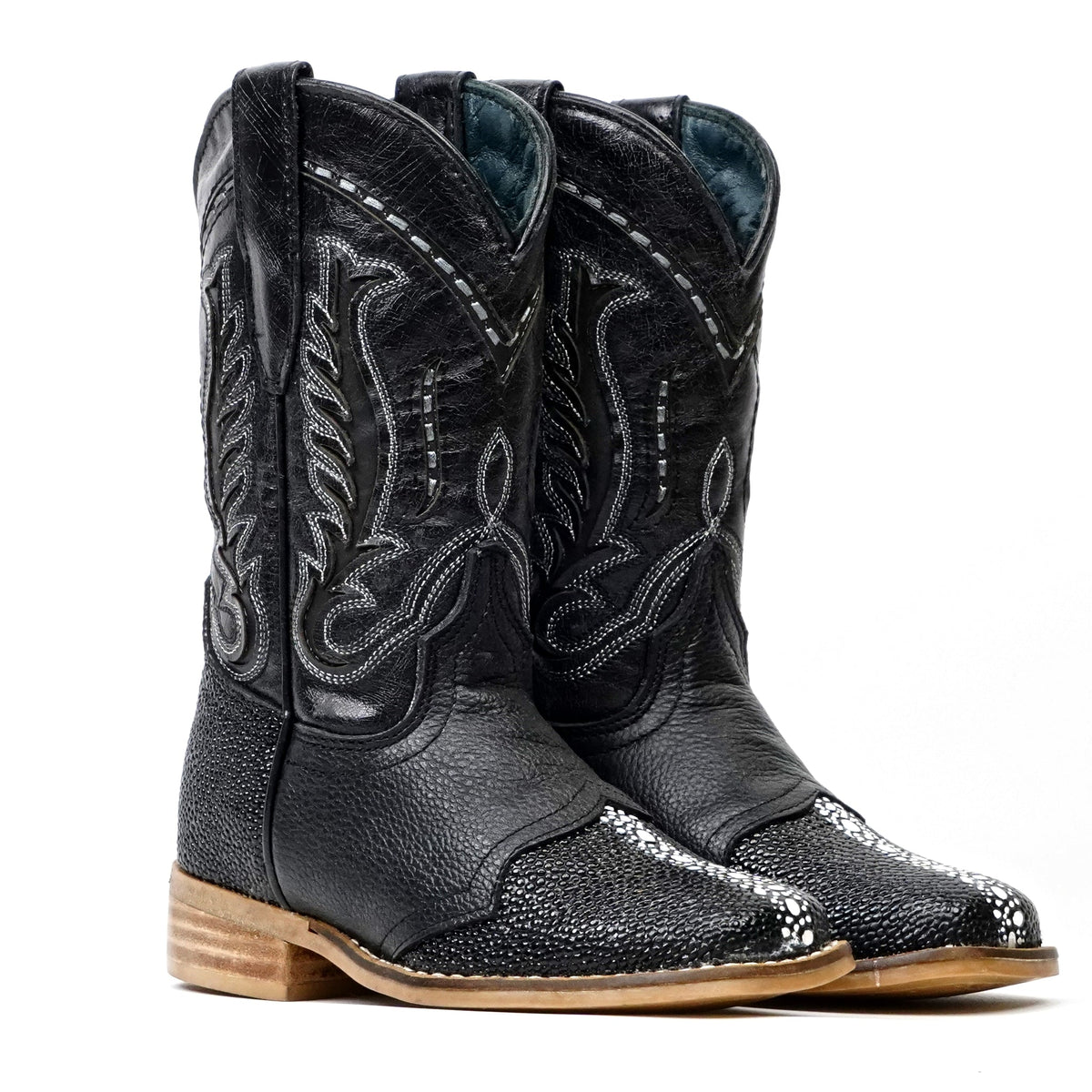 Kids Black Female Stingray Boots - Embossed Leather - Square Toe (K19-1) - Gomez Western Wear