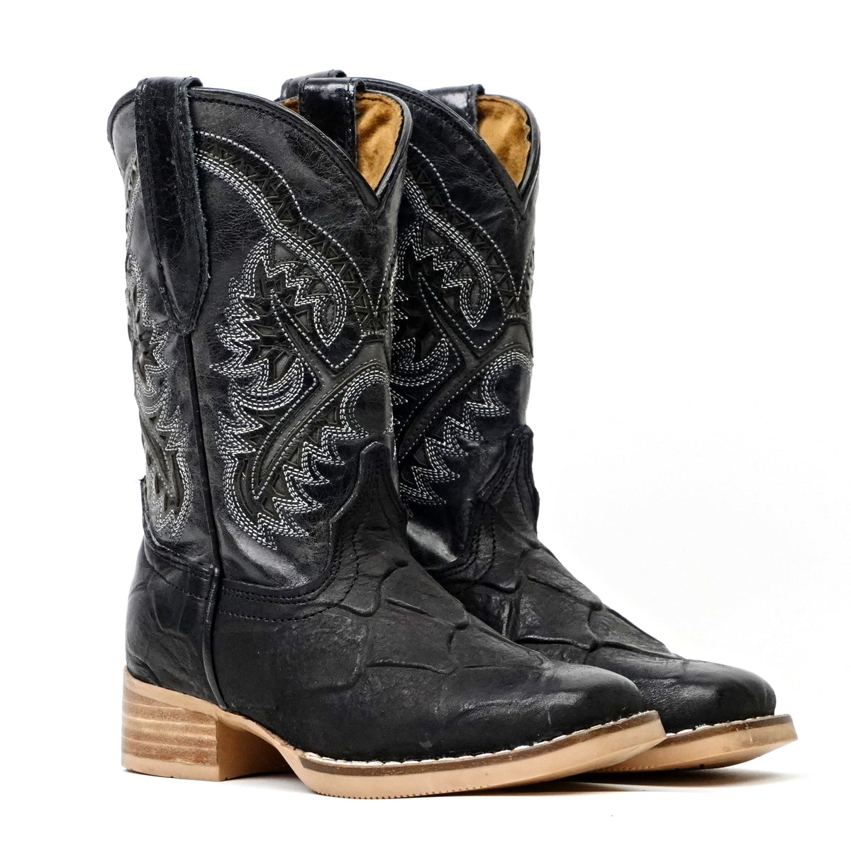 Kids Pirarucu Fish Black Boots - Embossed Leather - Square Toe (K92-1) - Gomez Western Wear