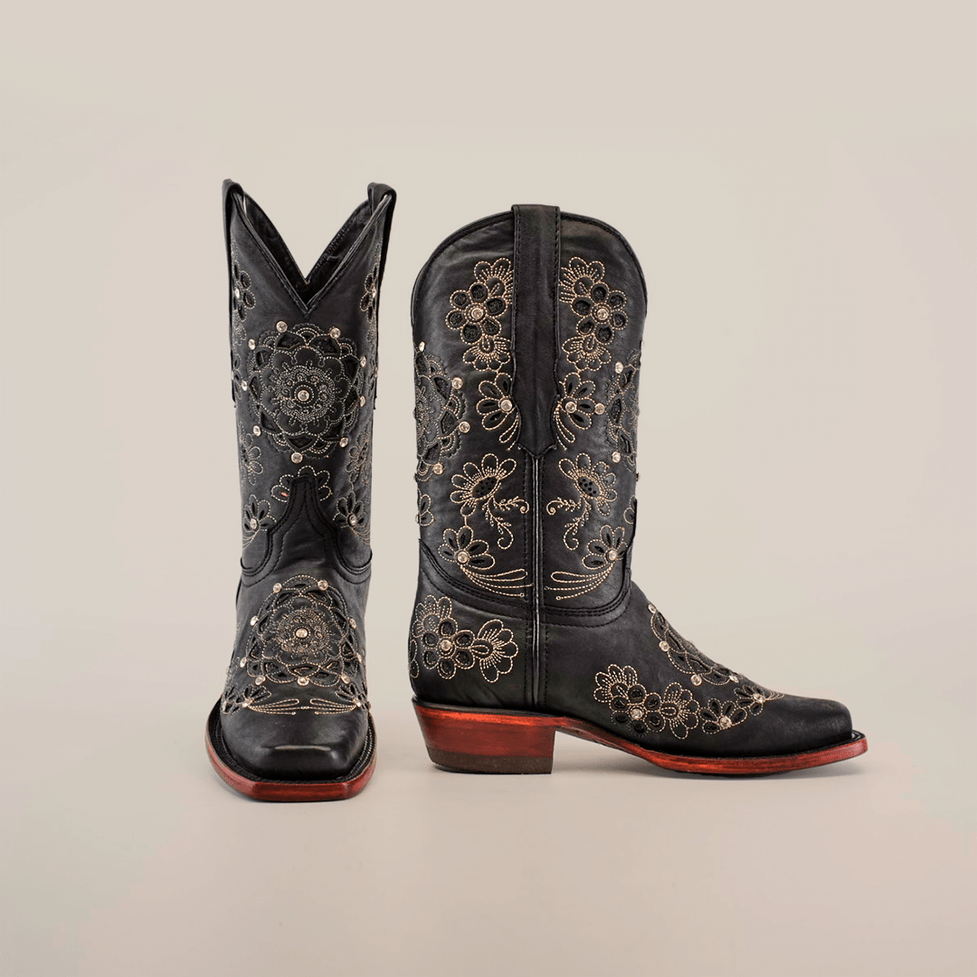 Liga - Black Mayan Flower Short Shaft Boots - Narrow Square Toe (E328) - Gomez Western Wear