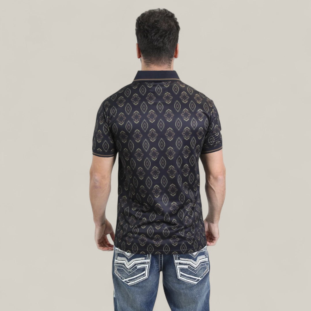 A man faces away from the camera, wearing the Mens Modern Fit Stretch Cotton Black Polo with Aztec Print - AZP10859 and blue jeans with white-stitched back pockets, set against a plain light background.
