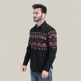 A man wears the Mens Western Modern Fit Cotton/Spandex Long Sleeve Black Shirt with Snaps (WPL10750) and blue jeans, standing against a plain light beige background.