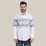 A man with short dark hair and a beard, wearing blue jeans and the Mens Western Modern Fit Cotton/Spandex Long Sleeve White Shirt with Snaps (WPL10751), stands against a plain light beige background.