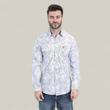 A man with short dark hair and a beard wears the Mens Western Modern Fit Cotton/Spandex Long Sleeve White Shirt with Snaps (WPL10822) and blue jeans, standing against a plain light beige background.