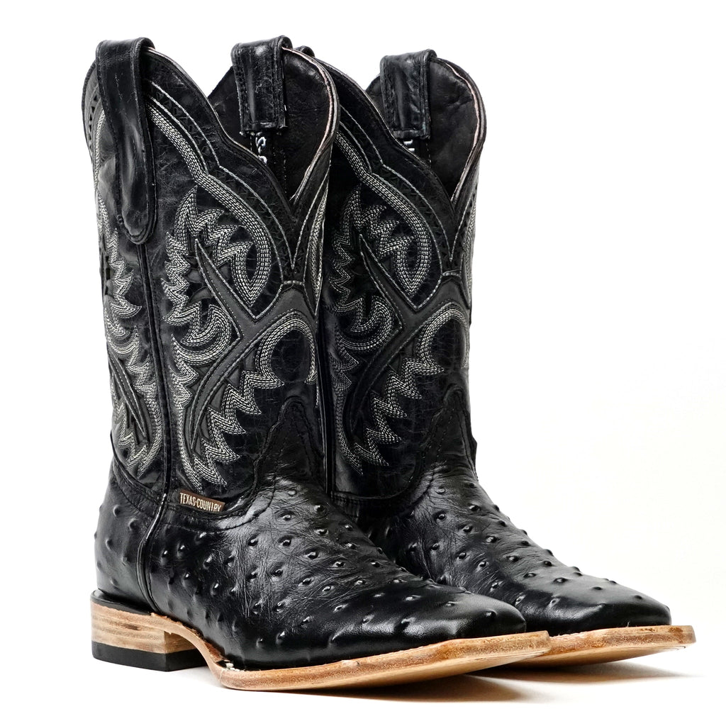 Ostrich Black Boots (Youth) - Embossed Leather - Square Toe (E424) - Gomez Western Wear