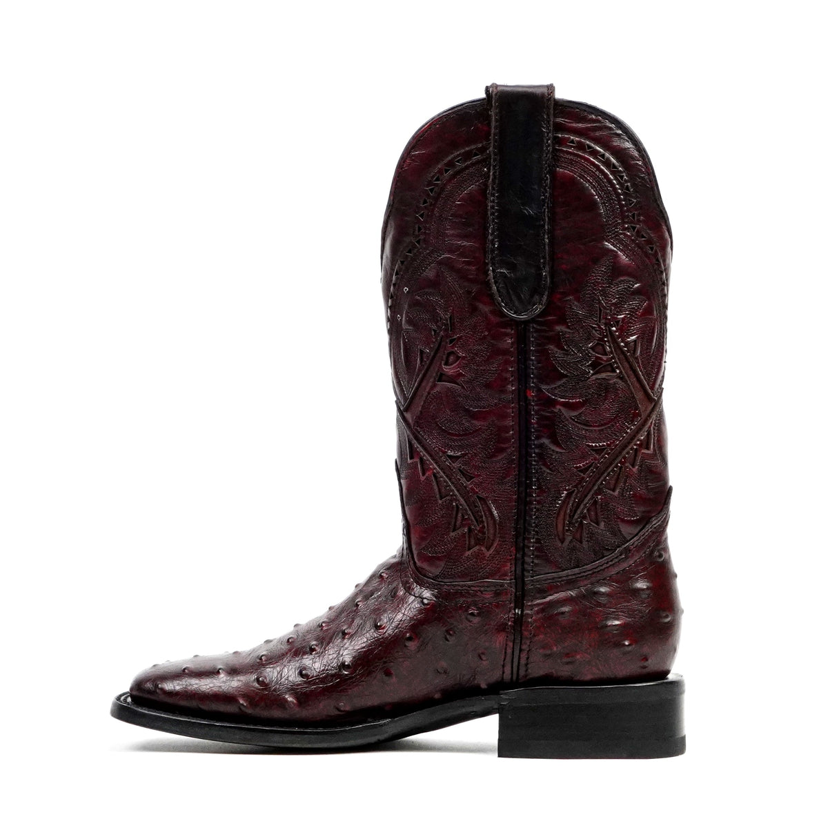 Ostrich Black Cherry Boots - Embossed Leather - Square Toe (E424) - Gomez Western Wear