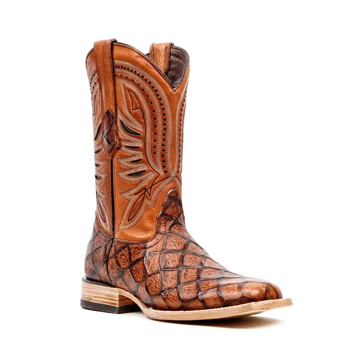Pirarucu Cognac Boots - Embossed Leather - Square Toe (E687) - Gomez Western Wear