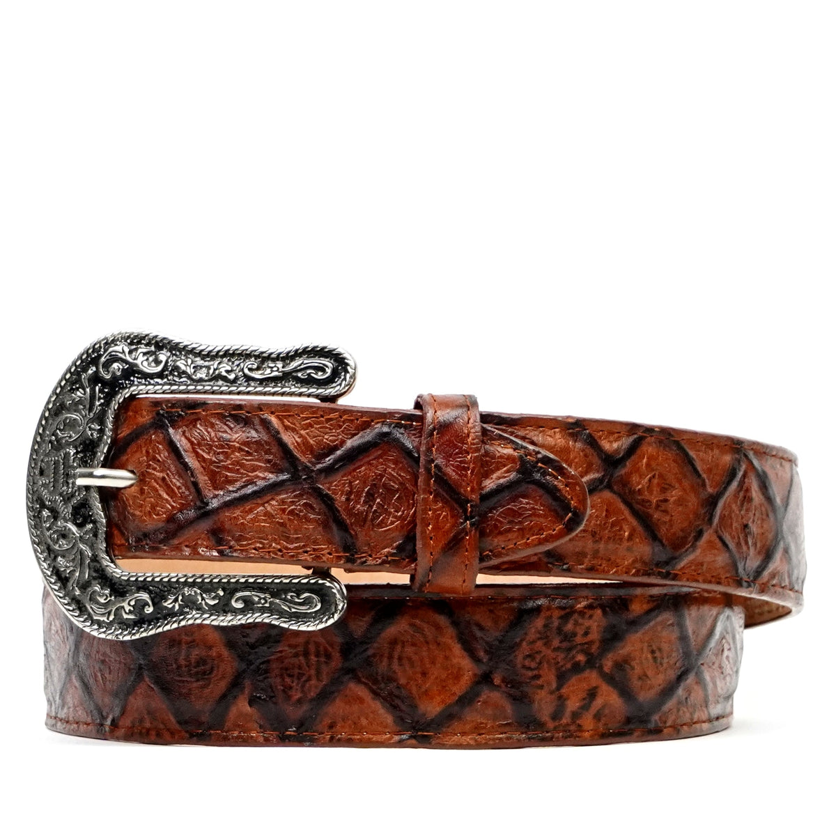 Pirarucu Fish Rustic Cognac Belt - Embossed Leather (C-IMI) - Gomez Western Wear