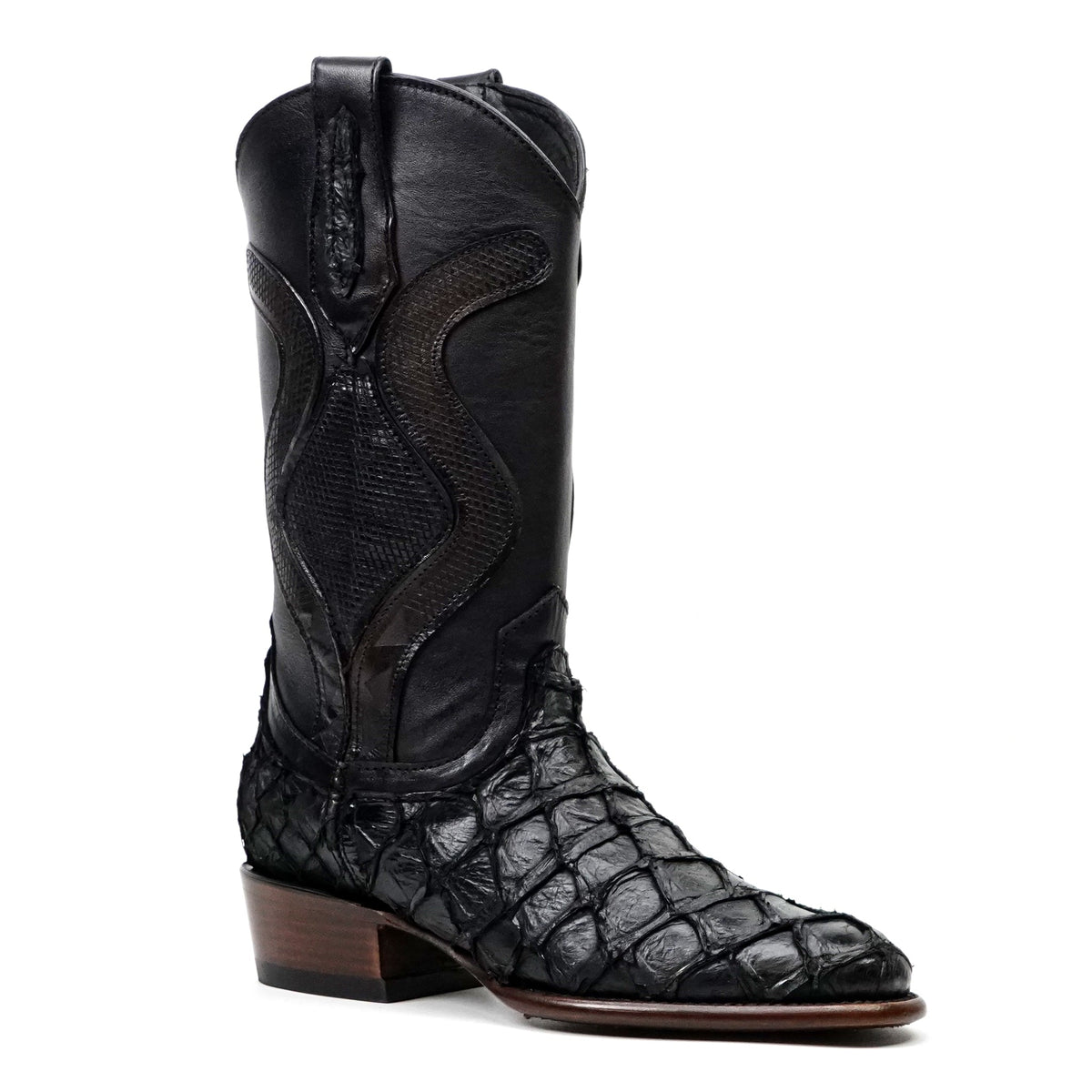 Platinum Connor Pirarucu Fish Boots - Black - Roper Toe - Gomez Western Wear