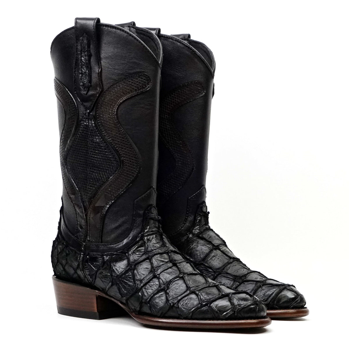 Platinum Connor Pirarucu Fish Boots - Black - Roper Toe - Gomez Western Wear
