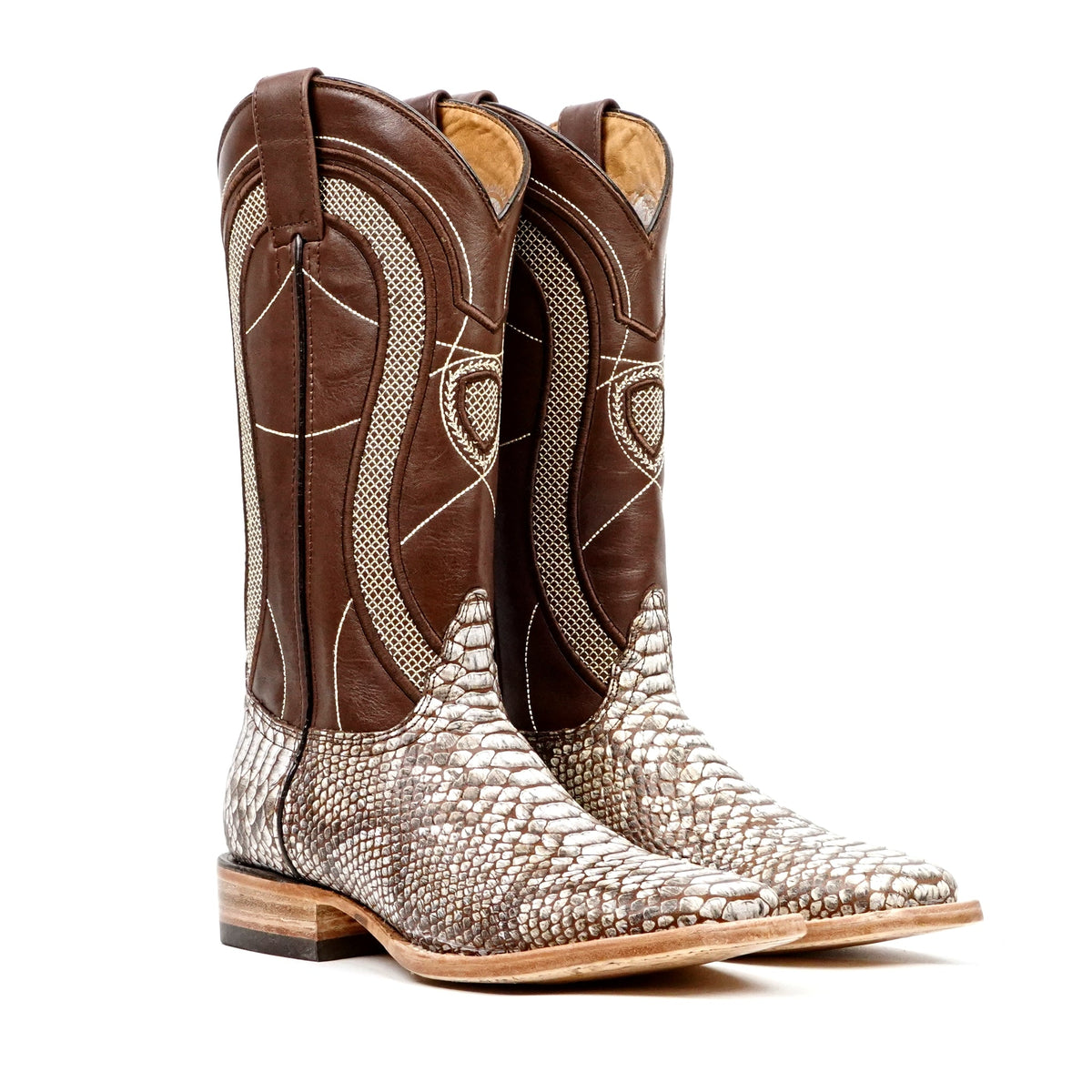Python Natural Camel Boots - Embossed Leather - Square Toe (E913) - Gomez Western Wear