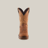 Front view of the Tan Brown Rough out boot with intricate stitching, crafted from premium cowhide leather. This waterproof boot features a classic pointed shape, slight heel, and sturdy sole, highlighting its handcrafted excellence against a pristine white background.