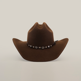 The 6X Dallas Brown is a sheep wool cowboy hat with a wide brim and Metallic accented band, exuding Western sophistication on a neutral white background.