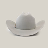 The 1000X Imperial Platinum is a light gray western hat with a wide brim and subtle decoration on the band, crafted in Larry Mahan 1000x quality and elegantly presented against a plain white background.