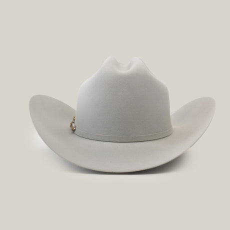 The 1000X Imperial Platinum is a light gray western hat with a wide brim and subtle decoration on the band, crafted in Larry Mahan 1000x quality and elegantly presented against a plain white background.