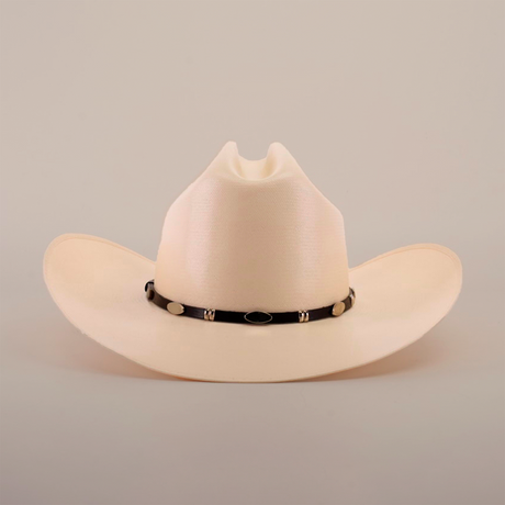 The 5000x Sinaloa Straw Hat is a beige cowboy hat featuring a black band with metal accents. Its high crown and wide brim highlight exceptional craftsmanship, set against a plain white background.