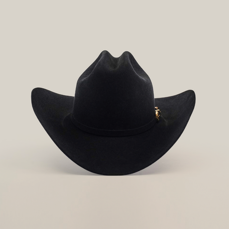 Set against a white backdrop, the 5X Dorado Black cowboy hat by Milano Hat Co. features a wide brim and is made from premium wild rabbit and beaver fur felt. A small golden emblem decorates the band on the right, adding elegance to this western headpiece.