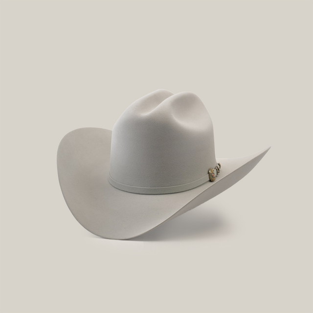 The 500X Superior Platinum is a light gray cowboy hat made from belly beaver fur, featuring a wide brim and an understated decorative band around the crown with a small emblem on the side, all set against a plain white background.
