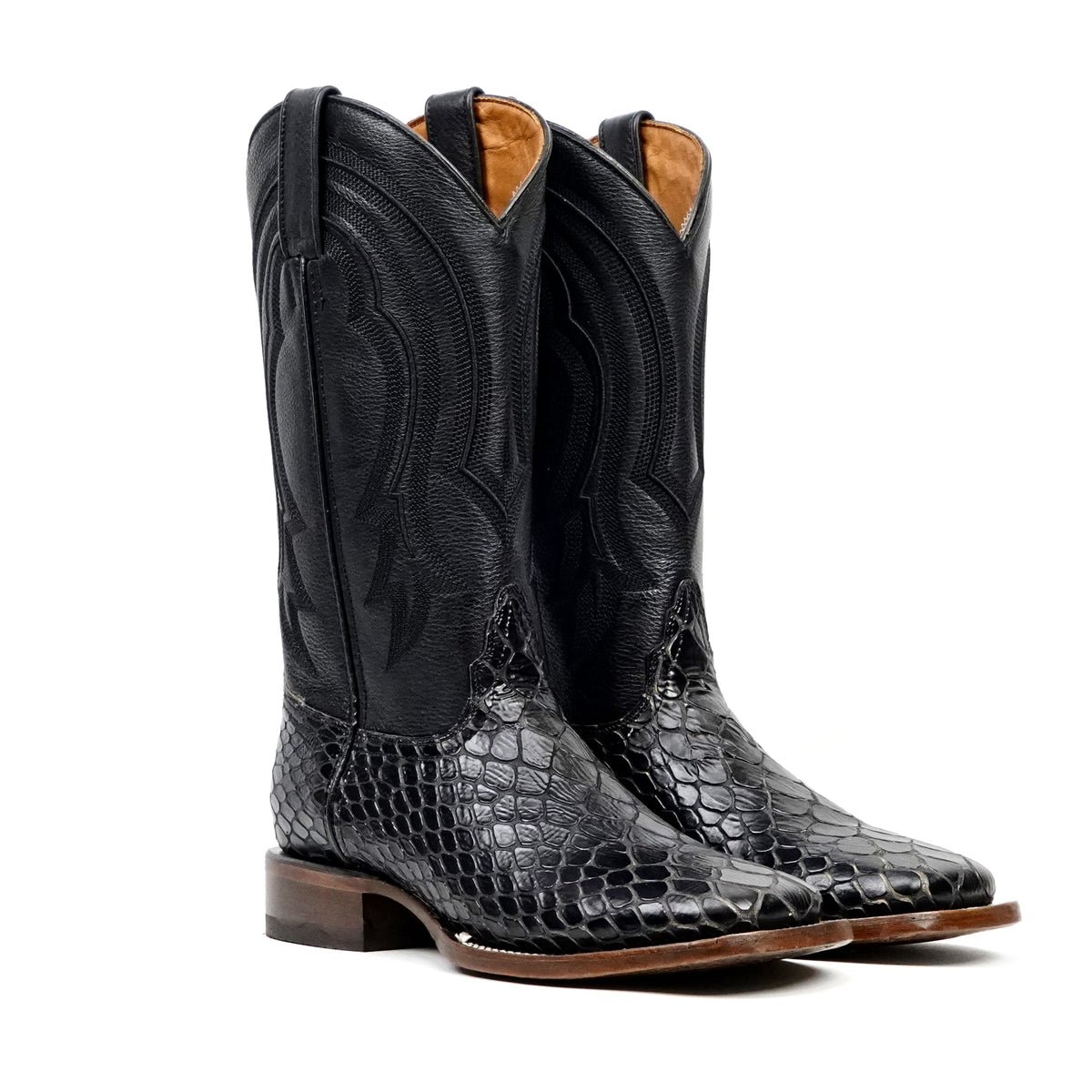 Snake Cowboy Boots- Black Embossed Leather - Square Toe (E947) - Gomez Western Wear